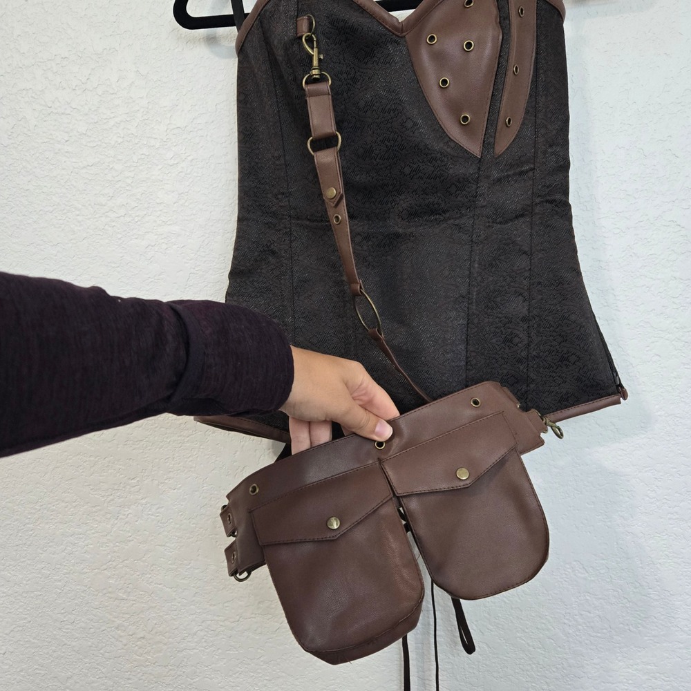 Charmian L Brown Steampunk Corset Top Faux Leather Accents Renaissance Cosplay - Picture 3 of 8